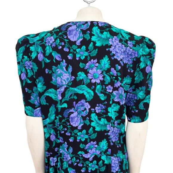 VTG 80s ADRIAN JORDAN Black Floral Button Front Sheath Dress SZ 14 - Picture 8 of 13